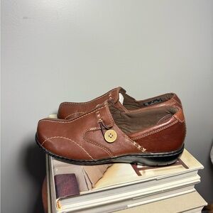 Clarks Brown Leather Women’s Loafers with Strap Detail